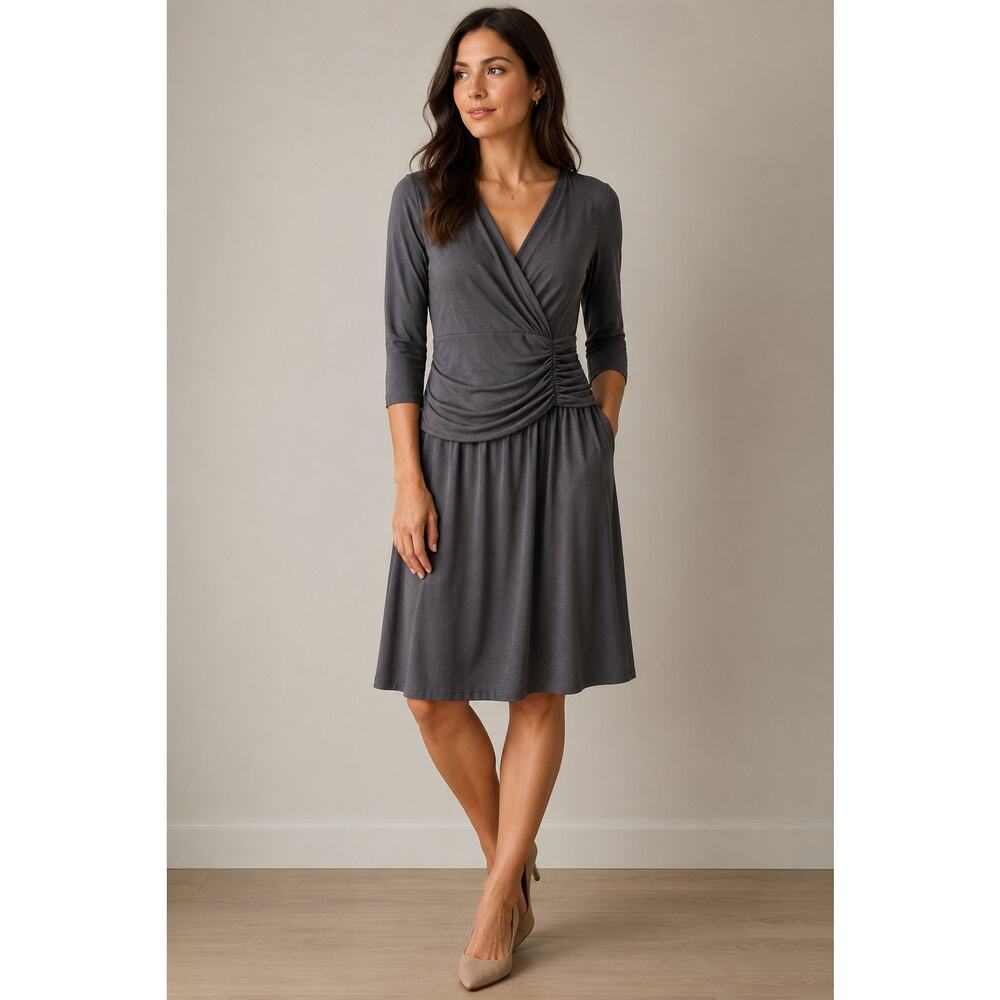 Lilla P Charcoal Faux Wrap Ruched Knit Dress Sz. S Pima Blend Stretch Minimalist